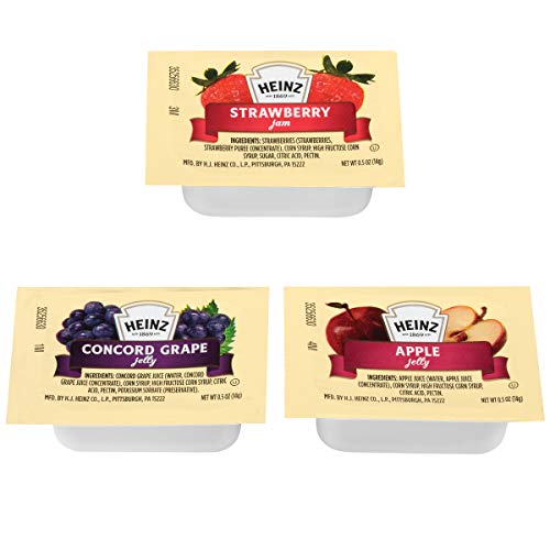 Book Cover Heinz Assorted Grape, Apple, Strawberry Jelly Single Serve Packet (0.5 oz Packets, Pack of 200)