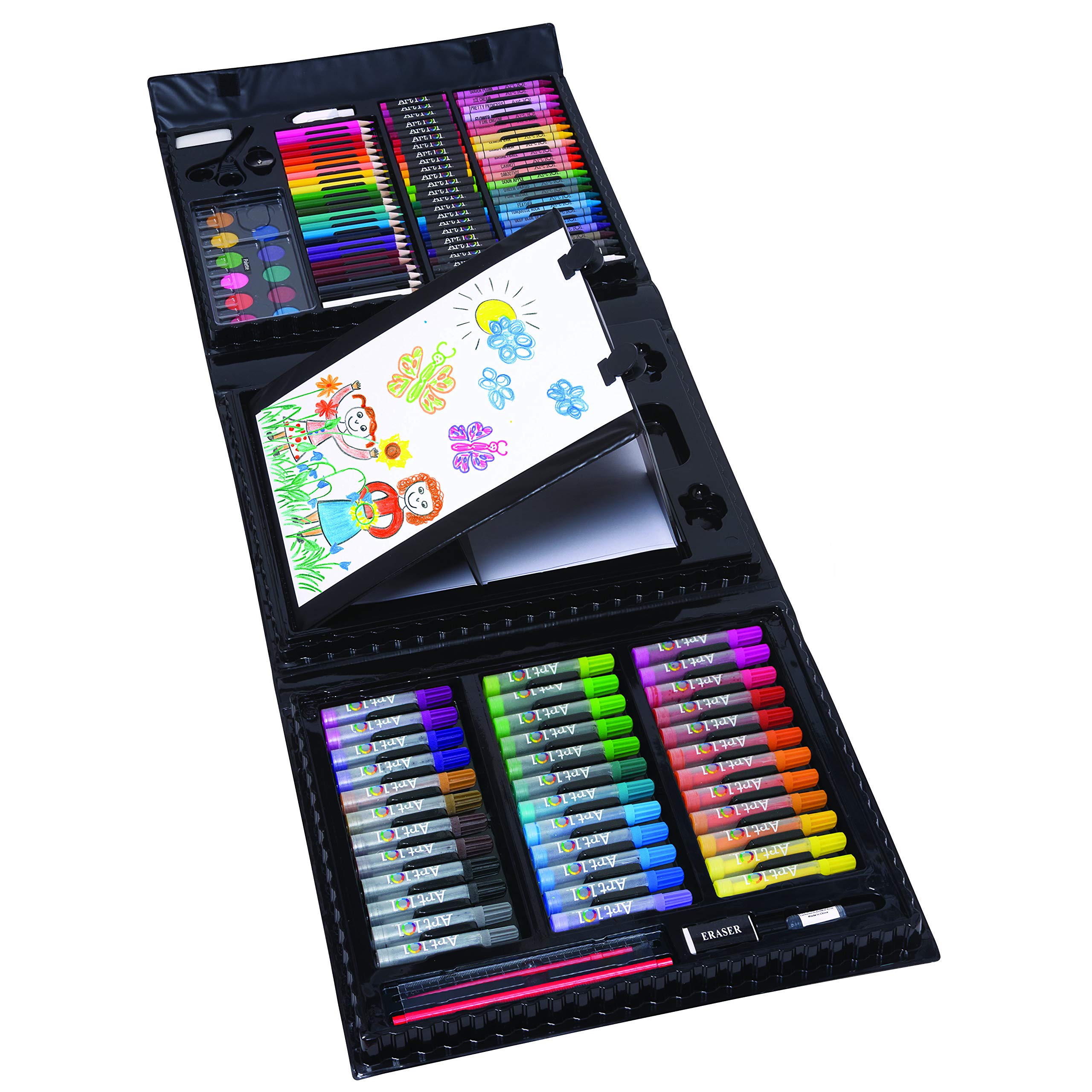 Book Cover Art 101 USA Budding Artist 154 Pc Junior Artist Trifold Easel Set, Includes markers, crayons, oil pastels, watercolor paints, and colored pencils, Case, pop up easel, Portable Art Studio , White Trifold Easel Art Set