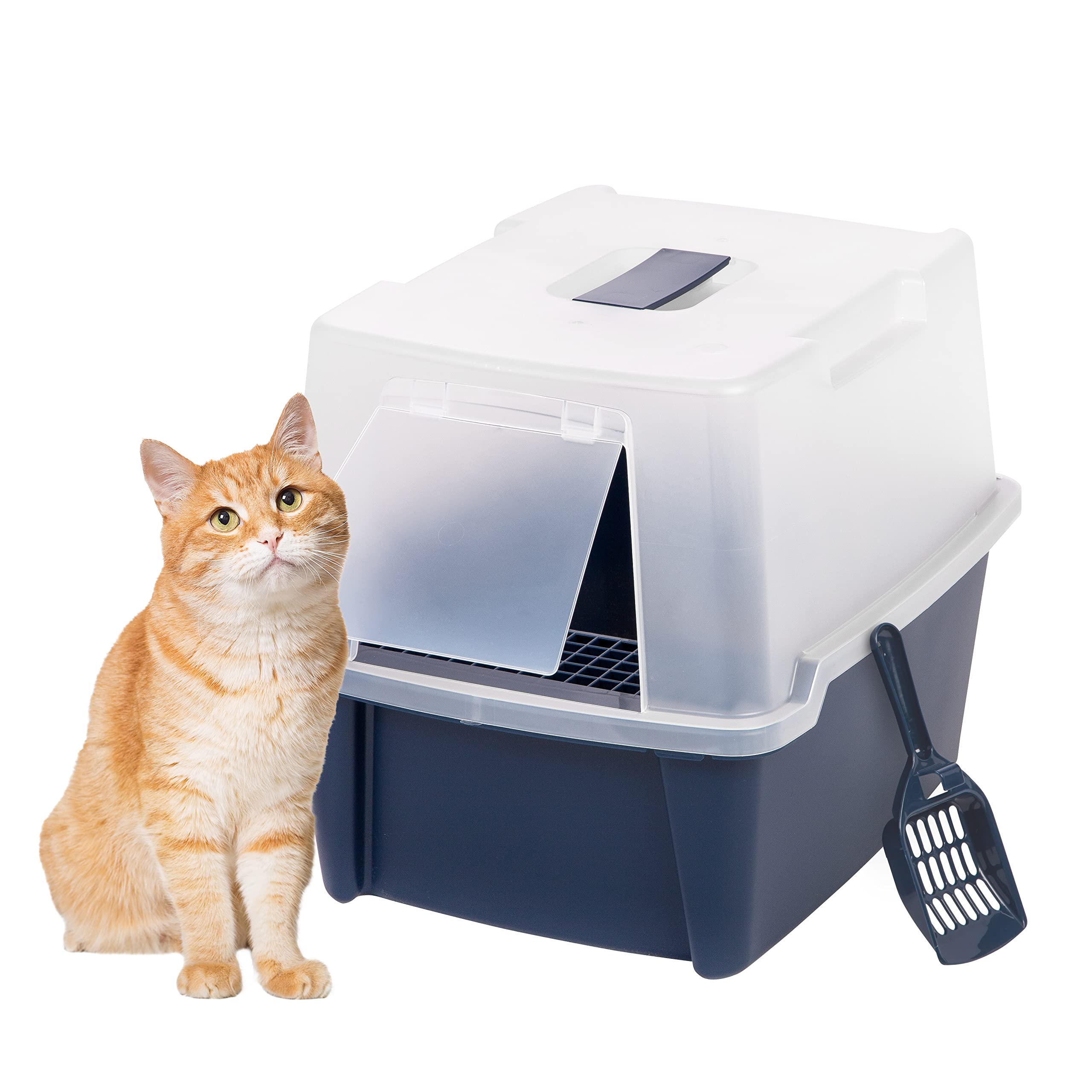 Book Cover IRIS USA Large Hooded Cat Litter Box with Front Door Flap and Scoop, Enclosed Kitty Litter Tray with Entry Gate for Privacy and Keeping Litter Inside, Navy