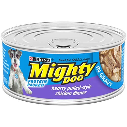Book Cover Purina Mighty Dog Small Breed Gravy Wet Dog Food, Hearty Pulled-Style Chicken Dinner - (24) 5.5 oz. Pull-Top Cans