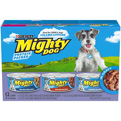 Book Cover Purina Mighty Dog Gravy Wet Dog Food Variety Pack, Thick-Sliced Chicken, Beef & Tenderloin Tips - (2 Packs of 12) 5.5 oz. Cans