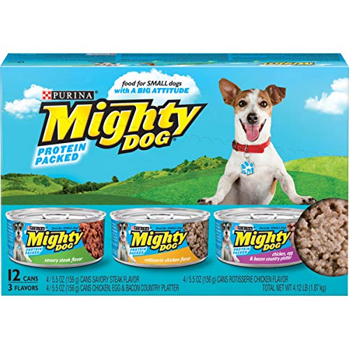 Book Cover Purina Mighty Dog Small Breed Gravy Wet Dog Food Variety Pack, Savory Steak, Rotisserie Chicken and Chicken, Egg & Bacon Country Platter flavor - (2 Packs of 12) 5.5 oz. Cans