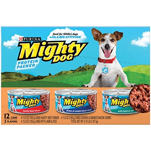 Book Cover Purina Mighty Dog Small Breed Wet Dog Food Variety Pack, Hearty Beef, Smoked Chicken & Bacon Combo, Lamb & Rice - (2 Packs of 12) 5.5 oz. Cans