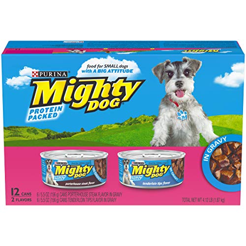 Book Cover Purina Mighty Dog Small Breed Gravy Wet Dog Food Variety Pack, Porterhouse Steak & Tenderloin Tips Flavors - (2 Packs of 12) 5.5 oz. Cans