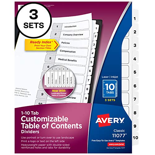 Book Cover Avery 10-Tab Dividers for 3-ring Binders, Customizable Table of Contents, Classic White Tabs, 1 Set (11077)