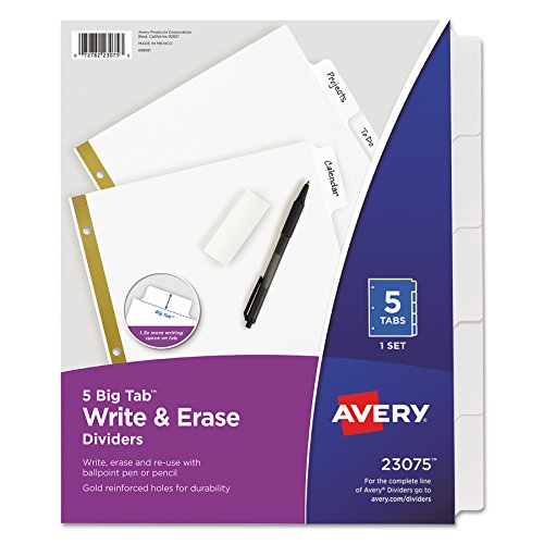 Book Cover Avery Big Tab Write & Erase Dividers, 5 White Tabs, 1 Set (23075)