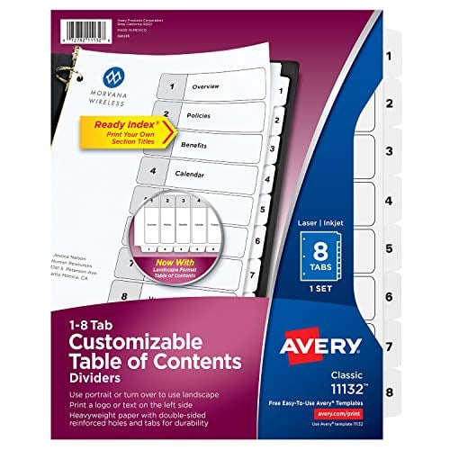 Book Cover Avery Ready Index Table of Contents Dividers, Eight Tab, 1-8, Black/White, 1 Set (11132)