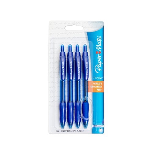 Book Cover Paper Mate Profile Retractable Ballpoint Pen, Bold Point, Translucent Barrel, Blue Ink, 4 Count