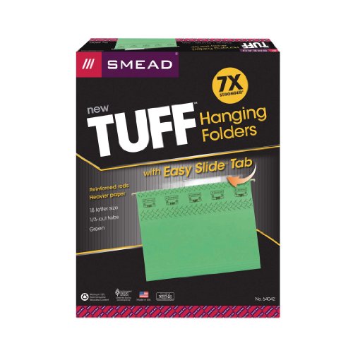 Book Cover Smead TUFF Hanging File Folder with Easy Slide Tab, 1/3-Cut Sliding Tab, Letter Size, Green, 18 per Box (64042)