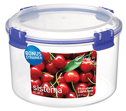 Book Cover Sistema KLIP IT Round Food Storage Container with Straining Basket, Blue Clips, 1.5 Litre