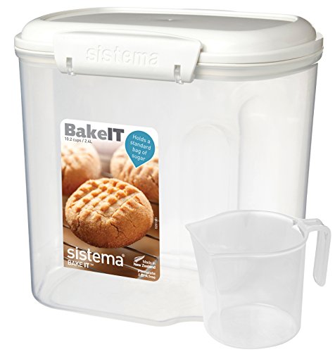 Book Cover Sistema Bake IT Sugar Storage Container with Measuring Cup, 10 Cup/2 L, Clear/White