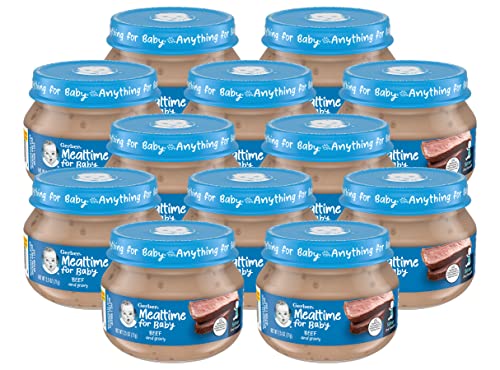 Book Cover Gerber Mealtime for Baby 2nd Foods Baby Food Jar, Beef & Gravy, Non-GMO Pureed Baby Food, Made with Protein & Zinc, 2.5-Ounce Glass Jar (Pack of 12 Jars)