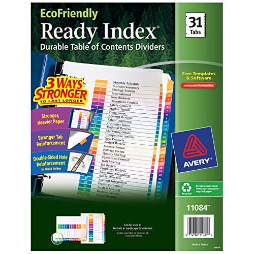Book Cover Avery Eco-Friendly 31 Tab Dividers for 3 Ring Binders, Customizable Table of Contents, 1 Set (11084)