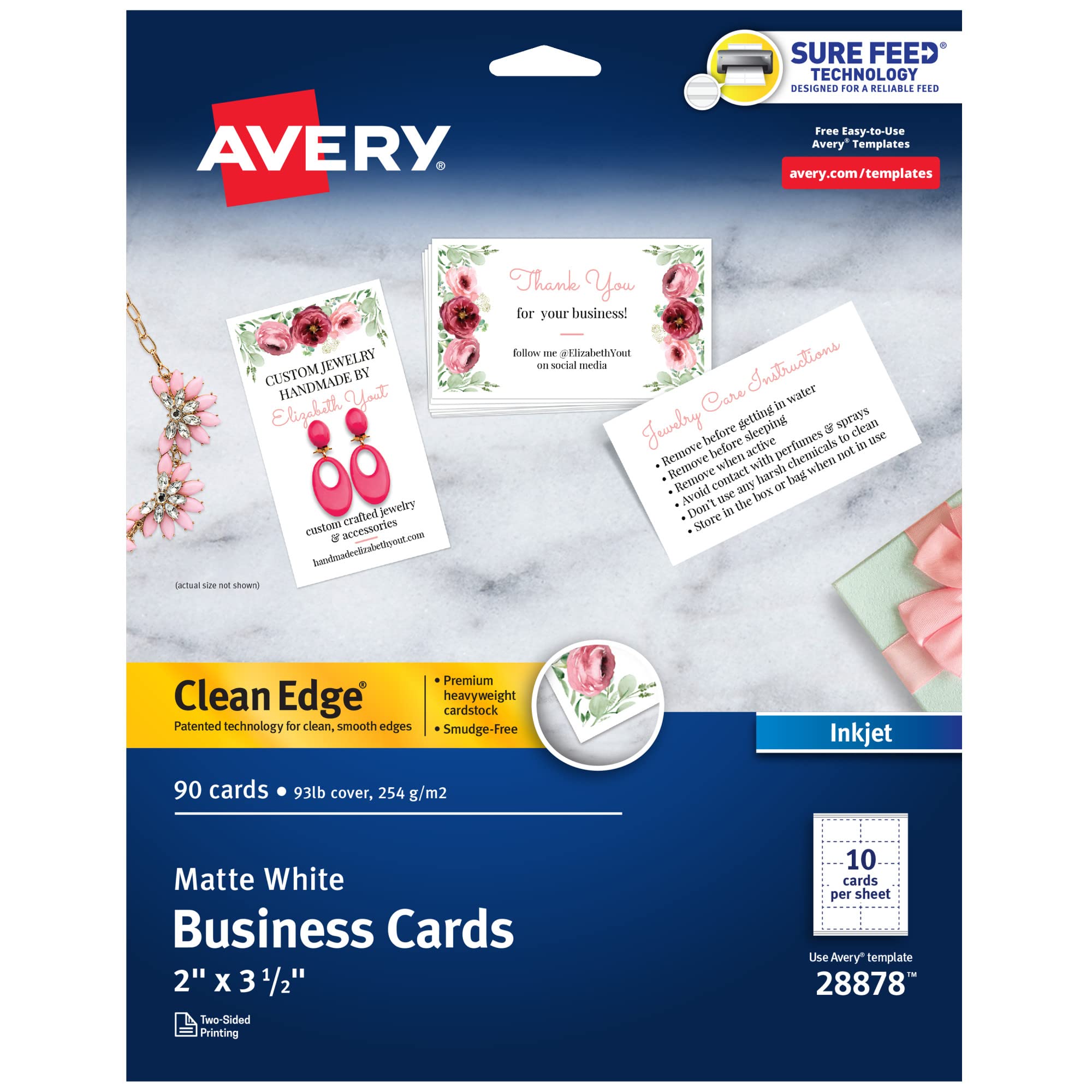 Book Cover Avery Printable Business Cards, Inkjet Printers, 90 Cards, 2 x 3.5, Clean Edge, Heavyweight (28878) Clean Edge 0 90 cards Business Cards