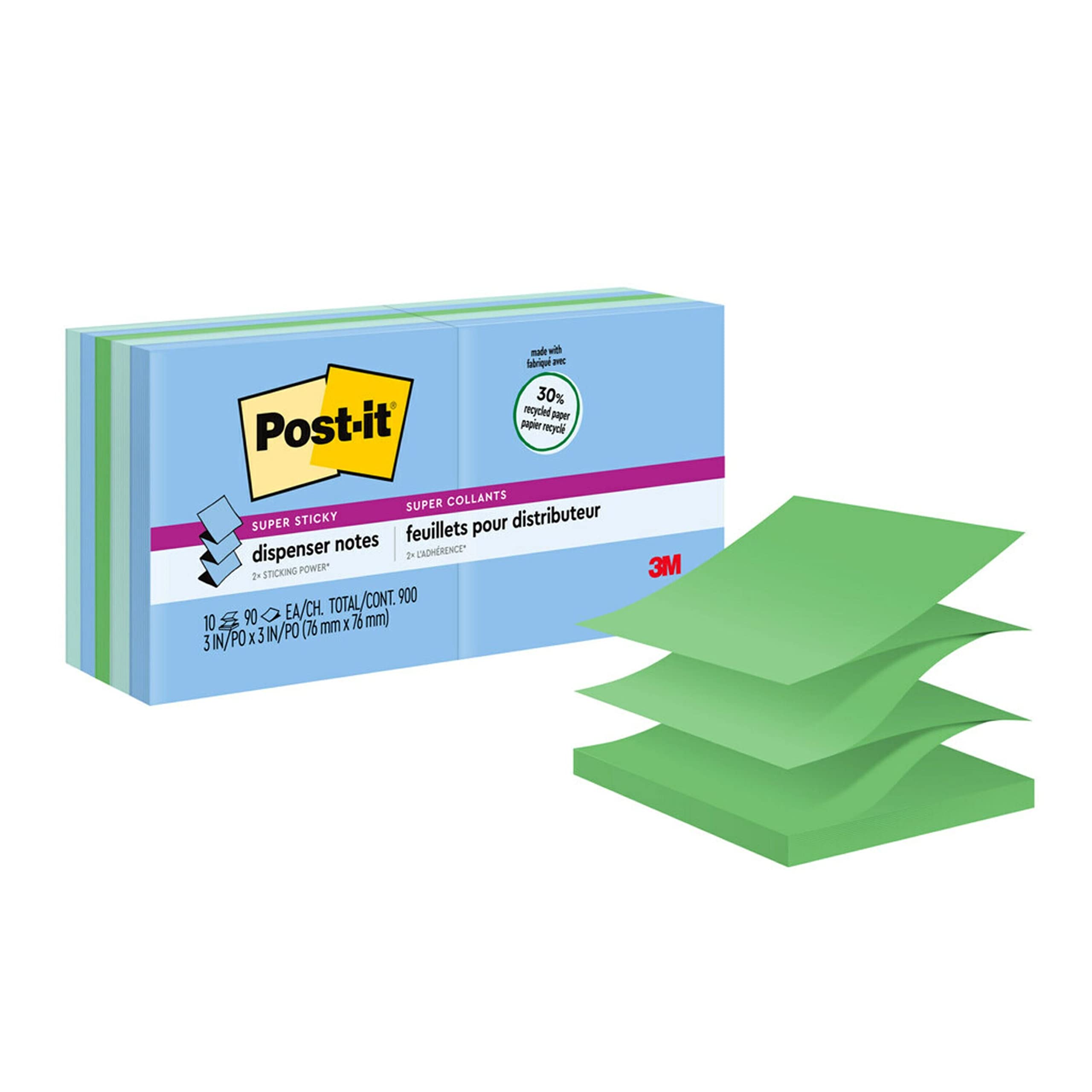 Book Cover Post-it Super Sticky Pop-up Notes, 3x3 in, 10 Pads, 2x the Sticking Power, Bora Bora Collection, Cool Colors (Green, Light Blue, Blue, Mint, Green), Recyclable (R330-10SST)
