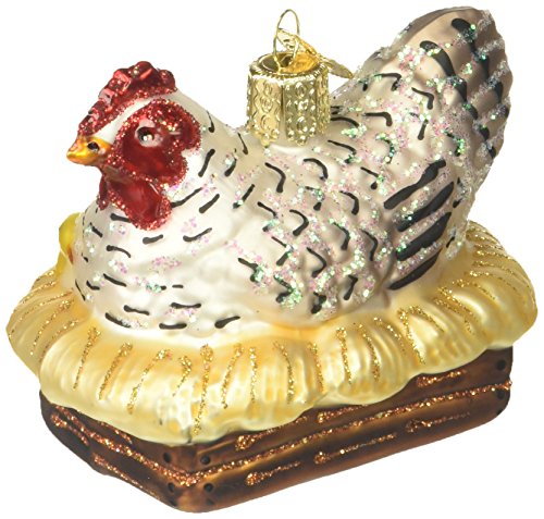 Book Cover Old World Christmas Farm Animals Glass Blown Ornaments for Christmas Tree, Hen on Nest