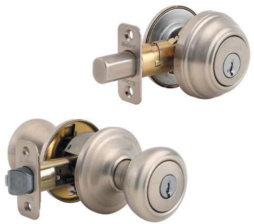Book Cover Kwikset Cameron Keyed Entry Door Knob and Single Cylinder Deadbolt Combo Pack with Microban Antimicrobial Protection featuring SmartKey Security in Satin Nickel