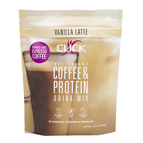 Book Cover CLICK Coffee Protein, Premium Protein & Double Shot Espresso Coffee, All-In-One, Meal Replacement Energy Drink, 23 Essential Vitamins, 150mg of Caffeine, Hot or Cold, Vanilla Latte Flavor, 15.31-Ounce
