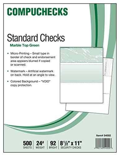 Book Cover Compuchecks Security Check Paper - 500 Top Blank Business Checks Compatible with QuickBooks & Any Laser Inkjet Printer Use for Payroll, Paycheck, Accounts Payable or Personal (Green Marble)