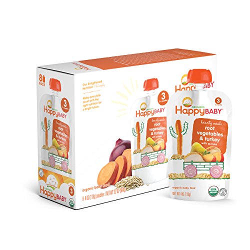 Book Cover Happy Baby Organic Stage 3 Baby Food Hearty Meals Root Vegetables & Turkey w/ Quinoa, 4 Ounce Pouch (Pack of 16) Baby Food Pouches, 2g Fiber, Rich in Vitamin A, Non-GMO Gluten Free No Added Sugars