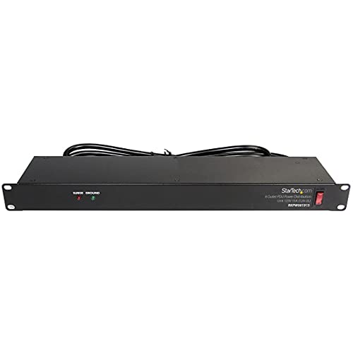 Book Cover StarTech.com 8 Outlet Horizontal 1U Rack Mount PDU Power Strip for Network Server Racks - Surge Protection - 120V/15A - with 6 Ft Power Cord (RKPW081915), Black