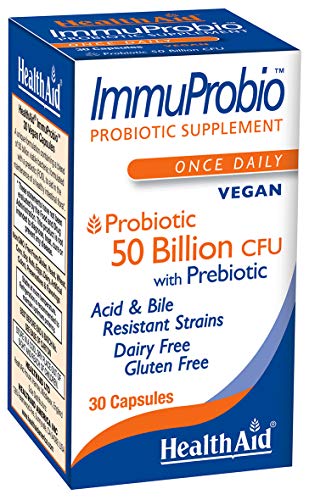 Book Cover HealthAid ImmuProbio 50 Billion CFU with Prebiotic, 30ct, Once Daily, Acid & Bile Resistant Strains, Dairy & Gluten Free, Vegan