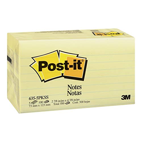Book Cover Post-it Notes, America's #1 Favorite Sticky Note, 3 x 5-Inches, Canary Yellow, Lined, 5-Pads/Pack