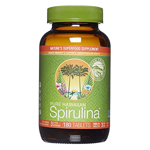 Book Cover Pure Hawaiian Spirulina - 1000mg tablets 180 count - Boosts Energy and Supports Immunity - Vegan, Non GMO - Natural Superfood Grown in Hawaii