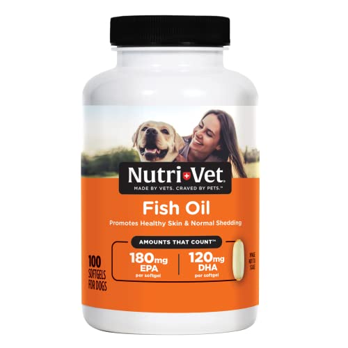 Book Cover Nutri-Vet Fish Oil Supplements for Dogs - Skin and Coat Omega 3 Supplement - Dog Dry Skin & Dog Shedding Support - 100 Count Softgels