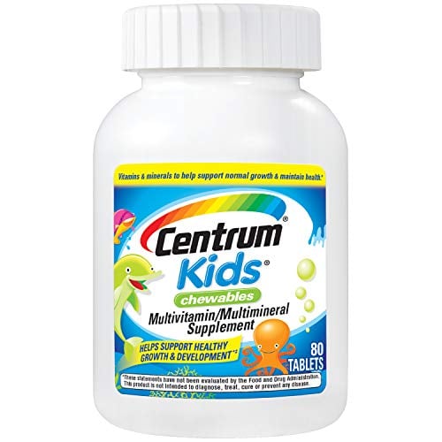Book Cover Centrum Chewable Multivitamin for Kids, Multimineral Supplement with Antioxidants and Vitamins C and E, Cherry/Orange/Fruit Punch Flavor - 80 Count