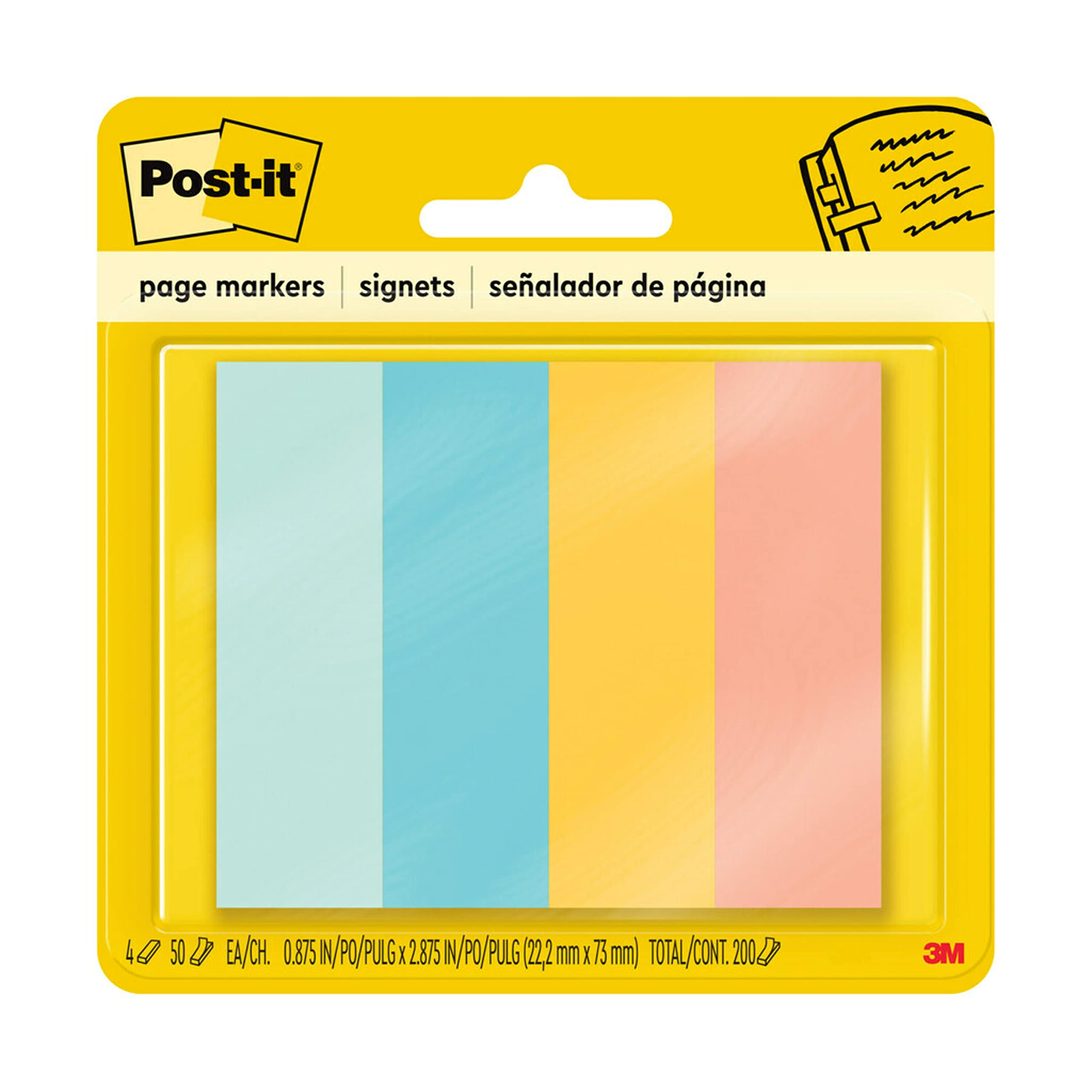 Book Cover Post-it Page Markers, Assorted Colors, 1 in x 3 in, 50 Sheets/Pad, 4 Pads/Pack (671-4AF)