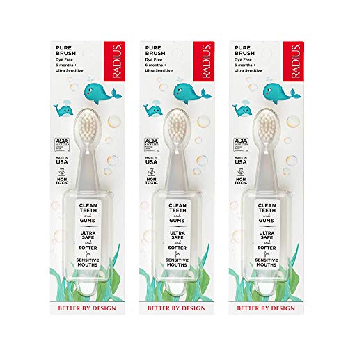 Book Cover RADIUS Baby Toddler Pure Brush Toothbrush, Ultra Soft Brush - 3 Pack in Clear, BPA Free and ADA Accepted, Designed for Delicate Teeth and Gums, for Children 6 Months and Up