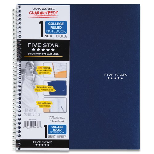 Book Cover Five Star Spiral Notebook, 1-Subject, 100 College-Ruled Sheets, 11 x 8.5 Inch Sheet Size, Navy (72059)