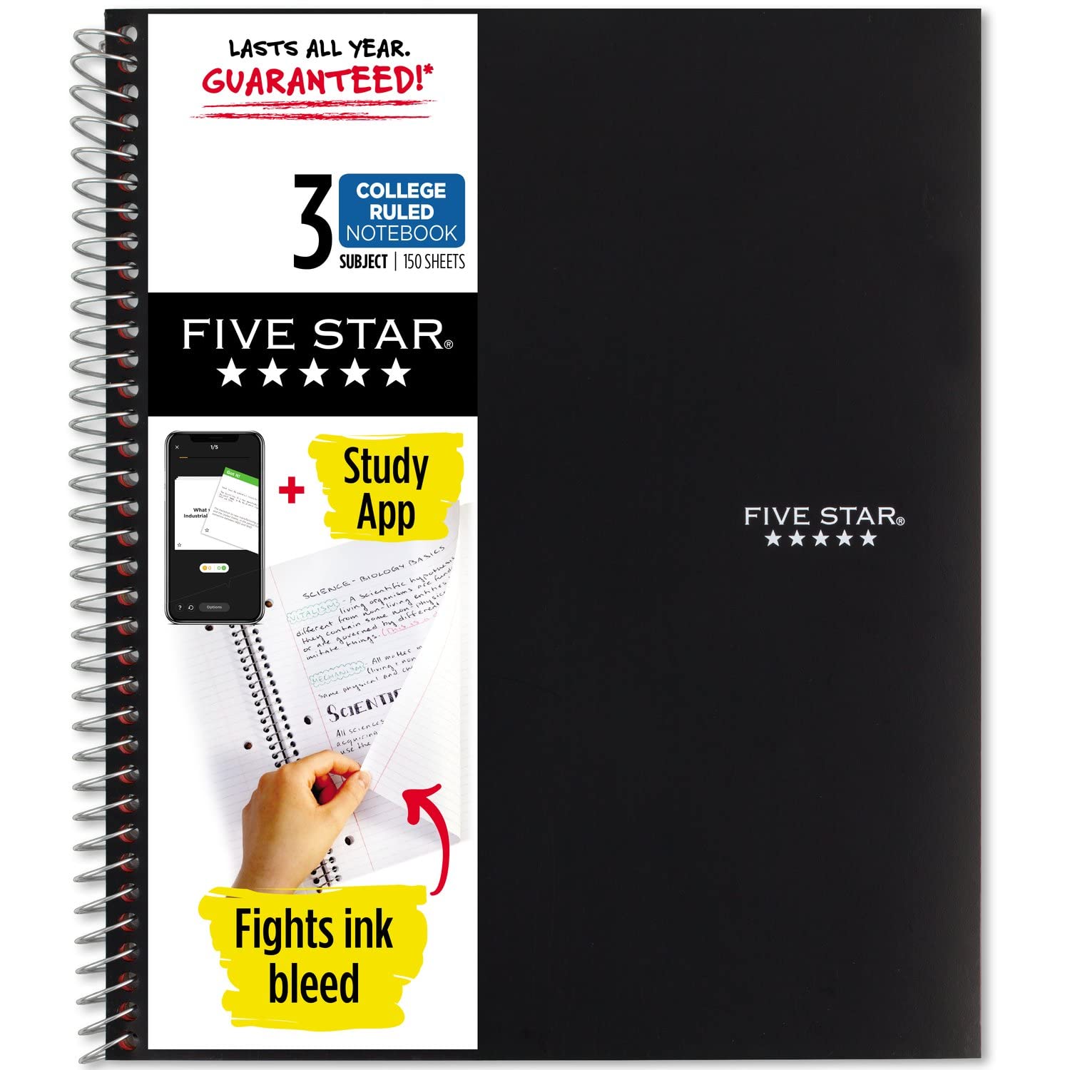 Book Cover Five Star Spiral Notebook + Study App, 3-Subject, College Ruled Paper, Fights Ink Bleed, Water Resistant Cover, 8-1/2