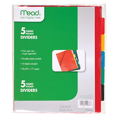 Book Cover Mead Tab Dividers with Pocket, 3 Hole Punch, Fits 3 Ring Binder, Assorted Colors, 5 Pack (20038)