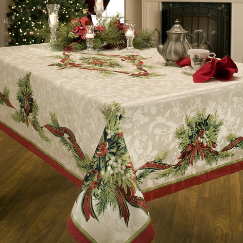 Book Cover Benson Mills Christmas Ribbons Engineered Printed Fabric Tablecloth, 60-Inch-by-104 Inch