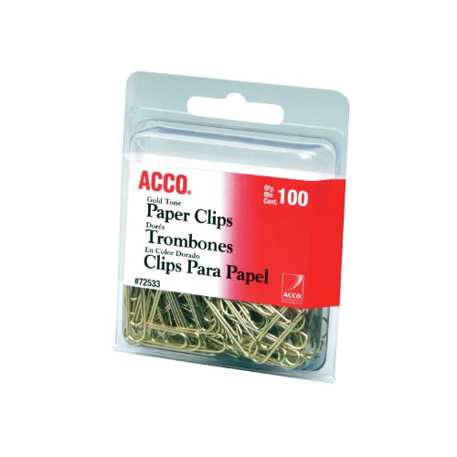 Book Cover ACCO Brands Paper Clips, Regluar, # 2 Size, Smooth, Gold, 100 Clips/Box (72533)