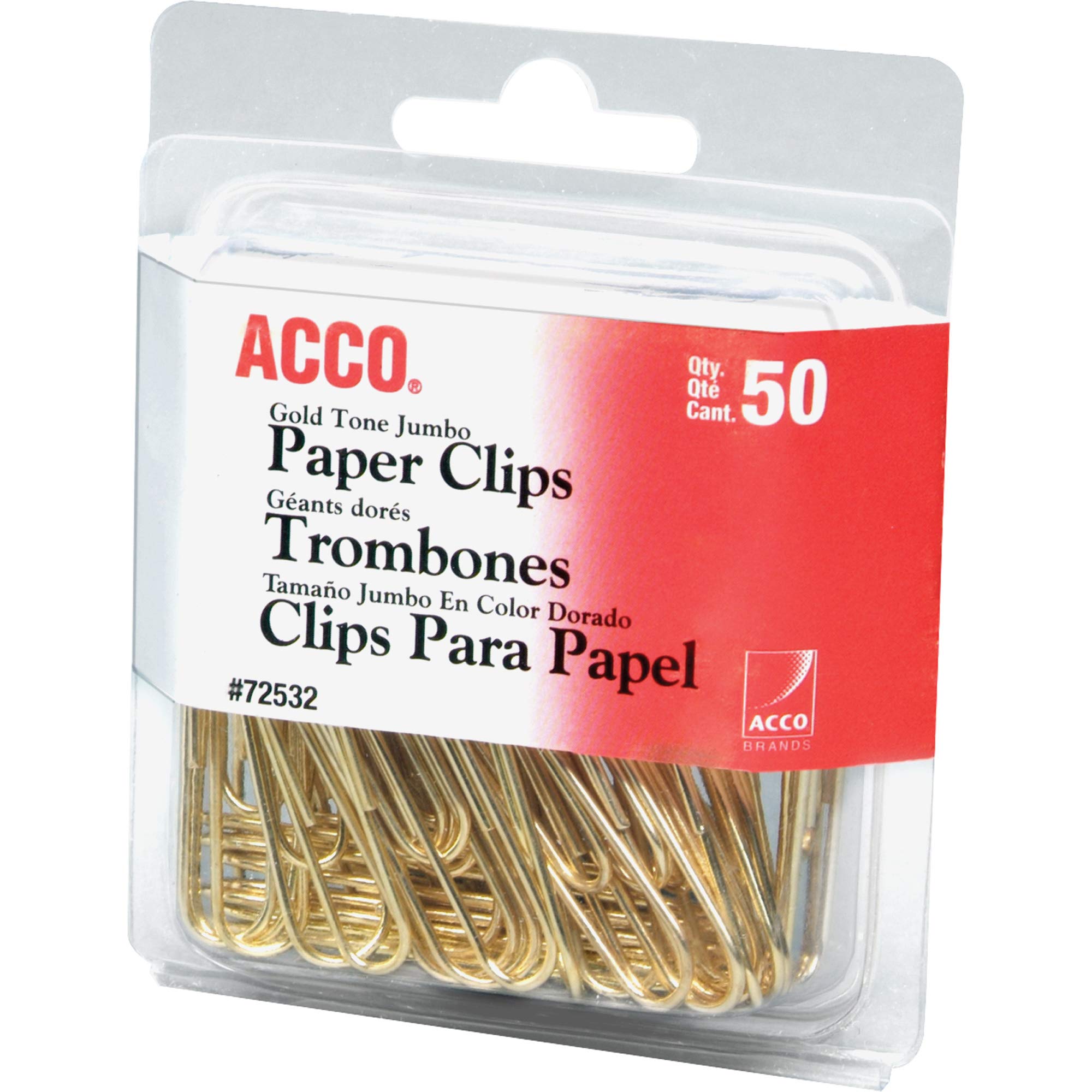 Book Cover ACCO Paper Clips, Jumbo, Smooth, Gold, 50 Clips/Box (72532)