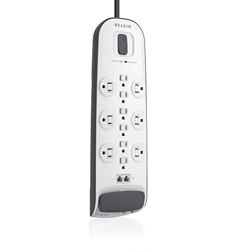 Book Cover Belkin Power Strip Surge Protector - 12 AC Multiple Outlets, Ethernet & Cable Protection - 8 ft Long Extension Cord for Home, Office, Travel, Computer Desktop & Charging Brick - 4000 Joules, White