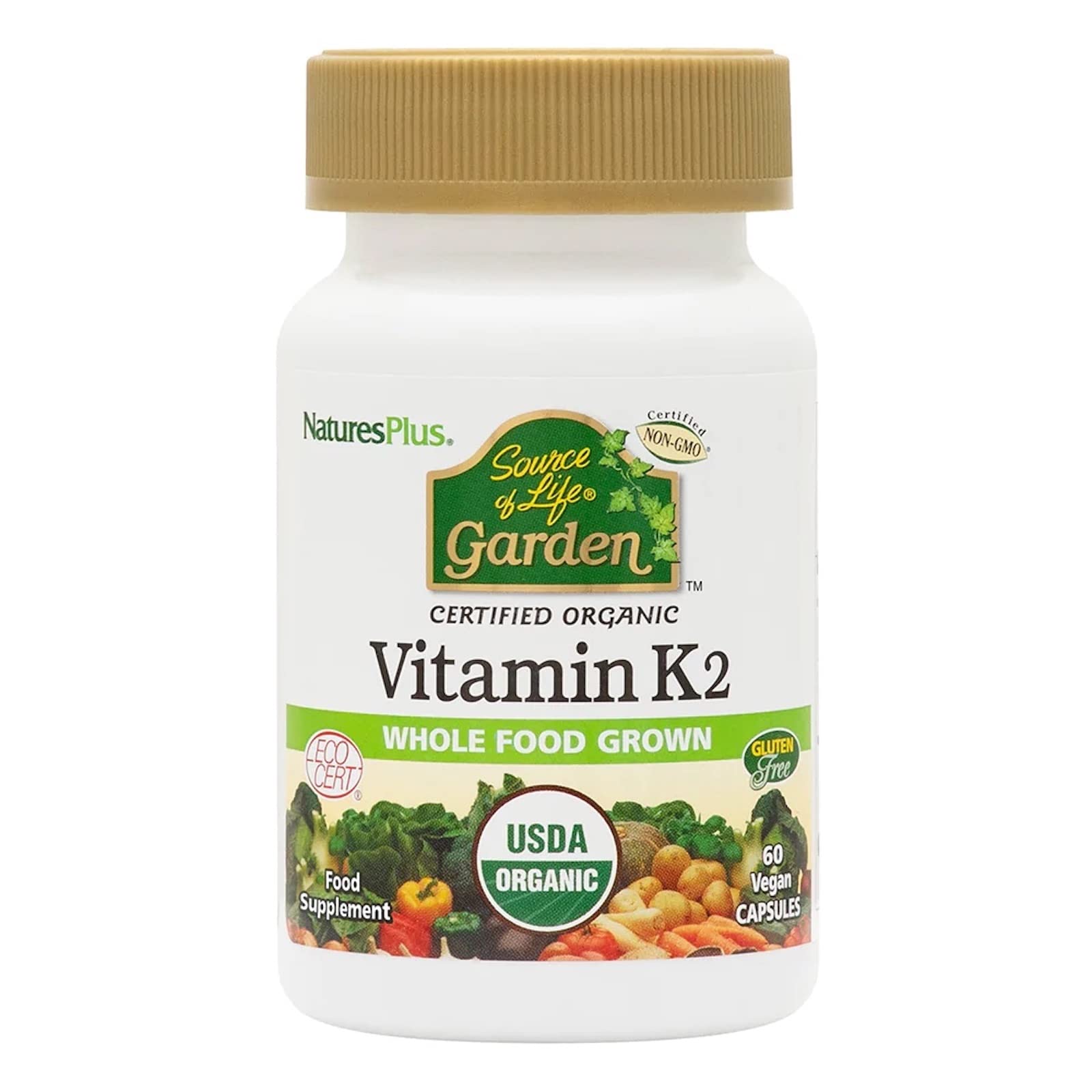 Book Cover NaturesPlus Source of Life Garden Certified Organic Vitamin K2-120 mcg, 60 Vegan Capsules - Bone Health Supplement - with Natural Whole Food Enzymes - Vegetarian, Gluten-Free - 60 Servings 60 Count (Pack of 1)