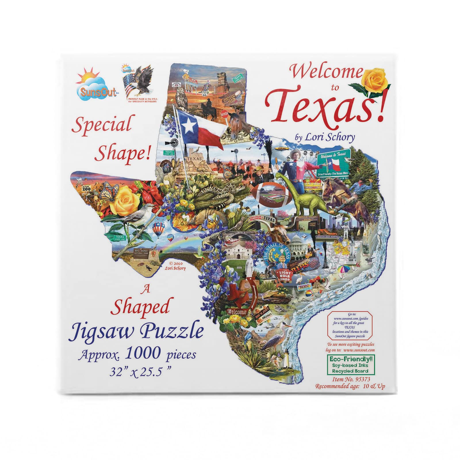 Book Cover SUNSOUT INC - Welcome to Texas - 1000 pc Special Shape Jigsaw Puzzle by Artist: Lori Schory - Finished Size 32