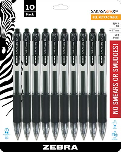 Book Cover Zebra Pen Sarasa X20 Retractable Gel Ink Pens, Medium Point 0.7mm, Black Rapid Dry Ink, 10 Pack (Packaging may vary)