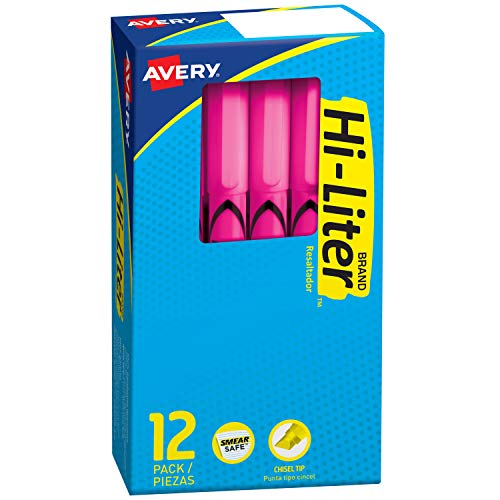 Book Cover Avery Hi-Liter Pen-Style Highlighters, Smear Safe Ink, Chisel Tip, 12 Fluorescent Pink Highlighters (23592)