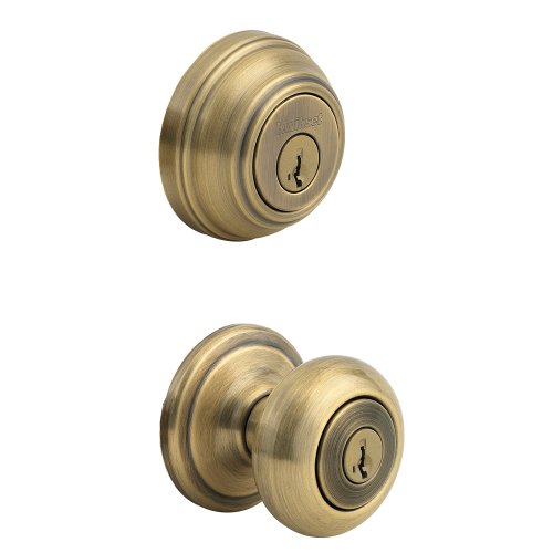 Book Cover Kwikset Juno Keyed Entry Door Knob and Single Cylinder Deadbolt Combo Pack with Microban Antimicrobial Protection featuring SmartKey Security in Antique Brass