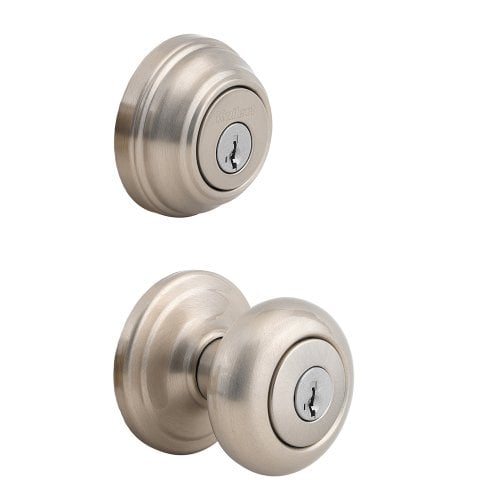 Book Cover Kwikset 992 Juno Entry Knob and Double Cylinder Deadbolt (Keyed on both side) Combo Pack featuring SmartKey in Satin Nickel