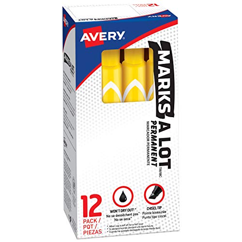 Book Cover AVERY Marks-A-Lot Permanent Markers, Large Desk-Style Size, Chisel Tip, Water and Wear Resistant, 12 Yellow Markers (08882), 12 markers