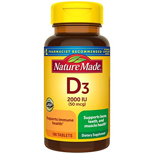 Book Cover Vitamin D3, 100 Tablets, Vitamin D 2000 IU (50 mcg) Helps Support Immune Health, Strong Bones and Teeth, & Muscle Function, 250% of the Daily Value for Vitamin D in Only One Daily Tablet