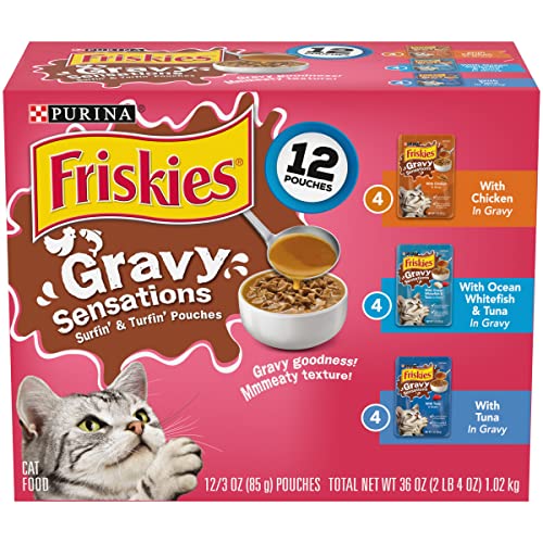 Book Cover Purina Friskies Gravy Wet Cat Food Variety Pack, Gravy Sensations Surfin' and Turfin' Pouches - (12) 3 oz. Pouches