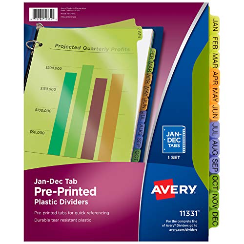 Book Cover Avery Plastic Jan-Dec Tab Binder Dividers, Pre-Printed Multicolor Tabs, 12-Tab, 1 Set (11331)