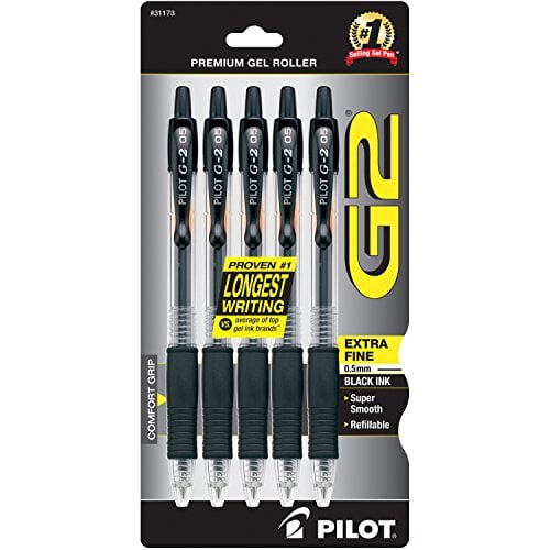 Book Cover Pilot G2 Retractable Premium Gel Ink Roller Ball Pens, Extra Fine Point, 5-Pack, Black Ink (31173)